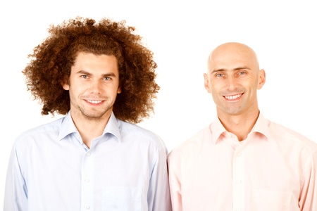 Portrait of a bald man and a man with long curly hair.  Theme:  Opposites の写真素材