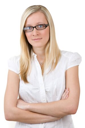 Half body portrait of blond haired teenager in stylish glasses or spectacles, isolated on white background.の写真素材