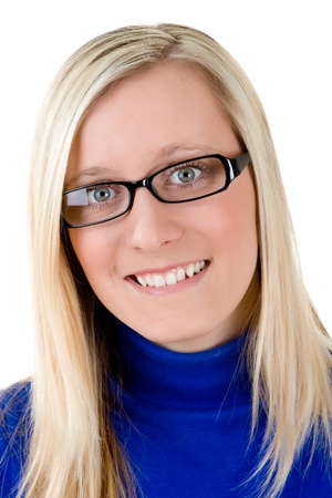 Portrait of smiling blond haired teenager in trendy glasses, isolated on white background.の写真素材