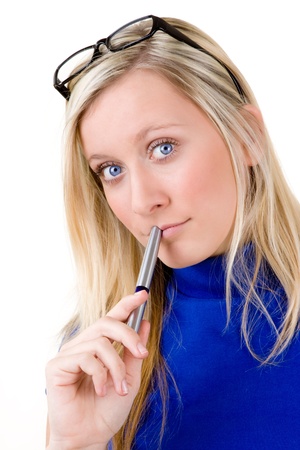 Portrait of pretty young blond teenager with lipstick, isolated on white background.の写真素材