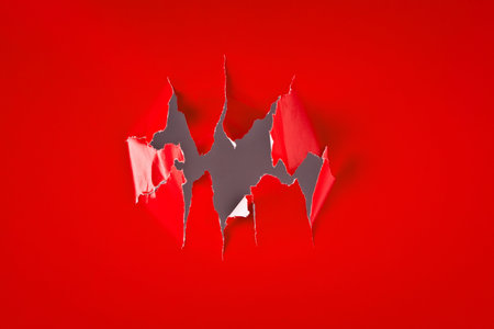 Close up of exposed white hole torn in red background.の写真素材