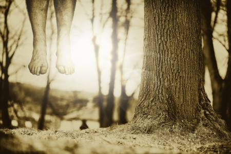Lower legs and feet hanging down next to a tree trunk with selective focus.の写真素材