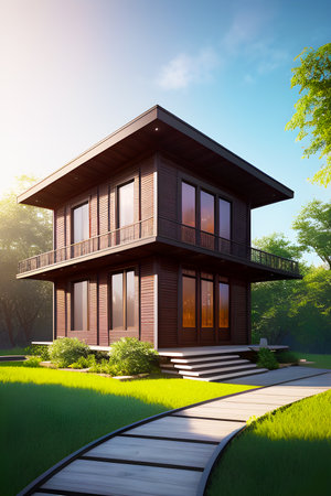 3d rendering of modern cozy house with pool and parking for sale or rent in luxurious style.の素材