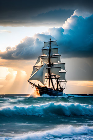 Sailing ship in the sea at sunset. Toned image.の素材