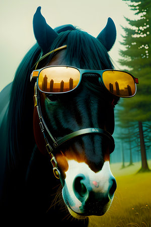 Portrait of a horse in sunglasses on a background of the forestの素材