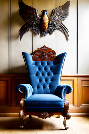 Luxury blue armchair with wings and bird on the wallの素材