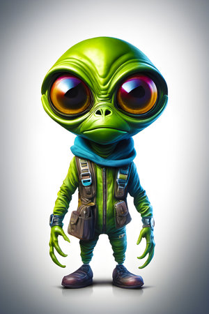 3D Illustration of a green alien isolated on a white backgroundの素材