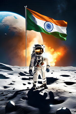 Astronaut on the moon and waving flag of India. 3D renderingの素材