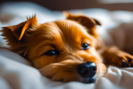 Cute little dog with blue eyes lying on the bed at homeの素材