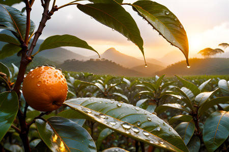Tea plantation in the morning with morning dew on the leaves.の素材