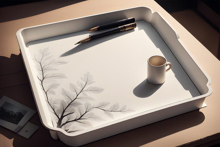 3d render of a cup of coffee on a white tray with a pictureの素材