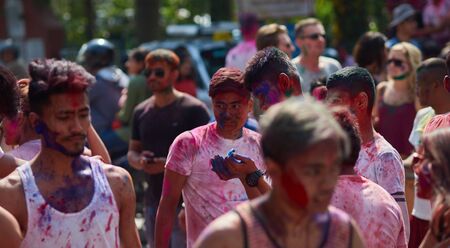 BARCELONA, SPAIN - APRIL 12, 2015: People during Festival of colours Holi Barcelona. Holi is traditional holiday of India.のeditorial素材