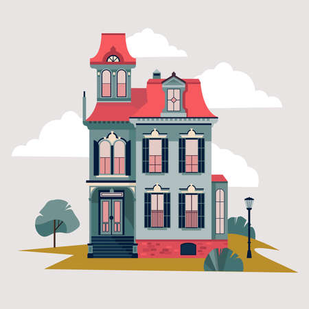 Old house detailed vector illustration. Retro victorian style building facade. Suburban residential real estate design elementのイラスト素材