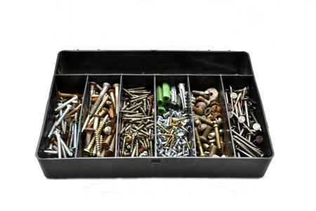 Nails, bolts, screws, washers in a box