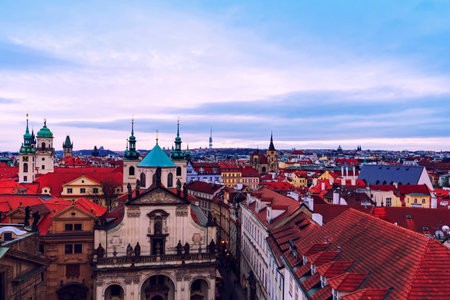 Sunset in Prague from a towerの写真素材