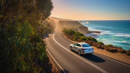 A car driving on the road to the ocean at sunset, Australiaの素材