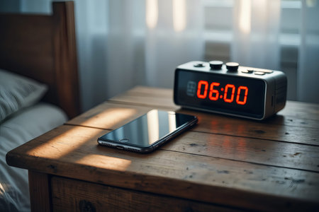 Morning Wake Up: Digital Clock and Smartphone on Wooden Nightstand at 6:00 AMの素材