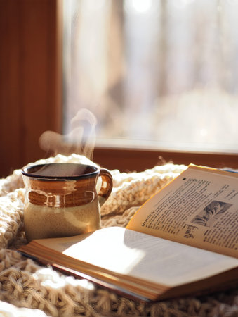 Cup of coffee and book on the windowsill in the morningの素材