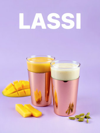 Two Glasses of Mango Lassi with Fresh Mango Slices and Cardamom Pods on Lavender Backgroundの素材