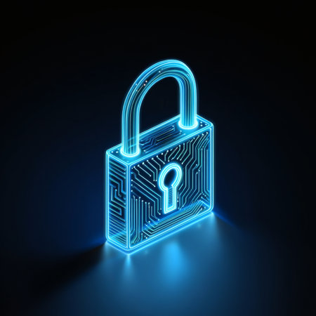Isometric Neon Blue Padlock with Circuit Board Design for Cyber Security Conceptの素材