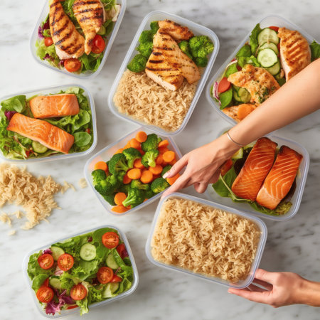 Overhead view of healthy meal prep containers with grilled chicken, salmon, rice, and salad ingredientsの素材