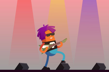 Man playing guitar on stage. Vector illustration in flat cartoon style.のイラスト素材