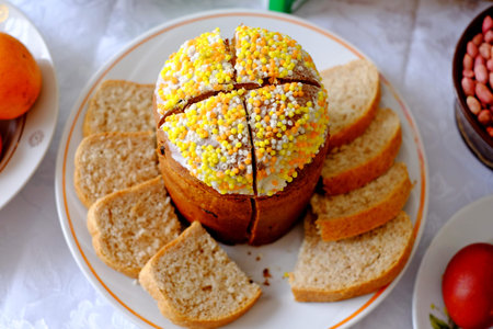 Easter cake, egg white, table decoration food closeup