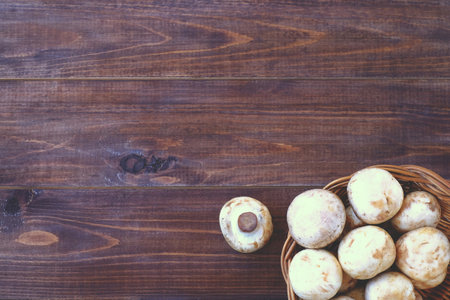Background with mushrooms white, background wood, foodの写真素材