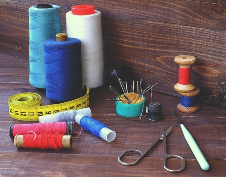 Sewing equipment background, equipment thread kit vintage, textileの写真素材