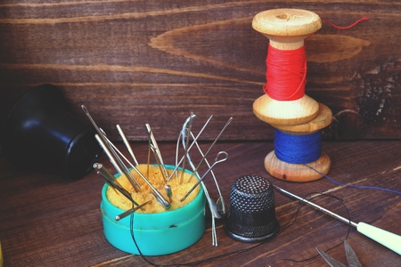 Sewing equipment background, equipment thread kit vintage, textileの写真素材