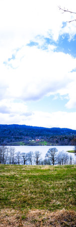 Field and mountain lake landscape, summer natureの写真素材