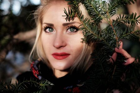 Beautiful girl in the coniferous forest portrait, people female, womanの写真素材