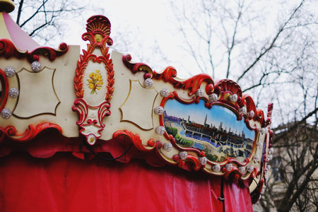 Old red carousel fun, red, background frenchの写真素材