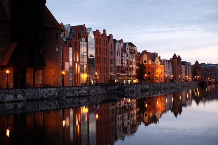 Dawn in Gdansk river, motlawa, old europe town