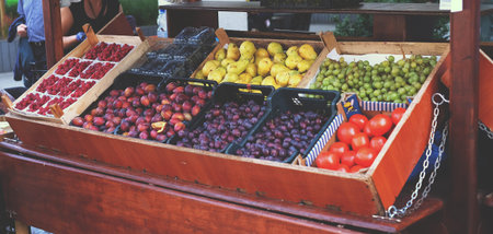Showcase with fruit supermarket, background, fruits shop