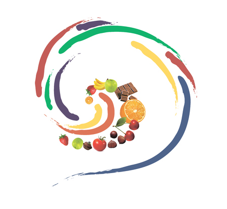Splash fruit mix milk, orange, vector illustration backgroundのイラスト素材