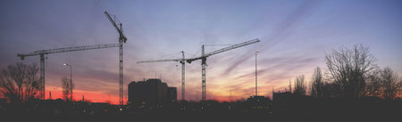 Cranes at sunrise panorama building, panorama, sky view
