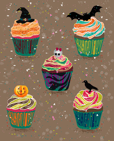 Cupcake happy halloween scary sweets. Halloween vector cupcakes promo party invitation. Trick or treat halloween cupcakes dessert food pumpkin party.のイラスト素材