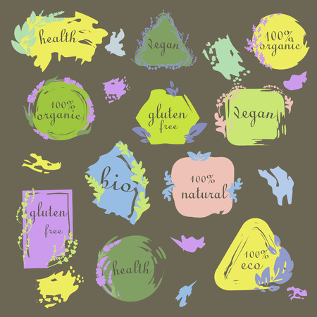 Vector eco, organic, bio logos or signs. Vegan, raw, healthy food badges, tags set for cafe, restaurants, products packaging etc.のイラスト素材