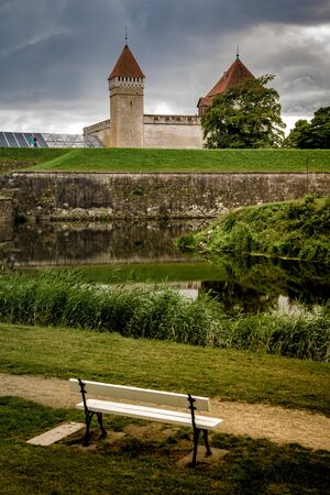 Kuressaare Citadel with bench on foregroundの写真素材