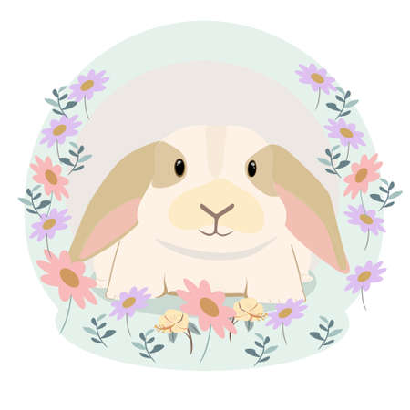 Cute Baby Rabbit with Flowers Illustrationのイラスト素材