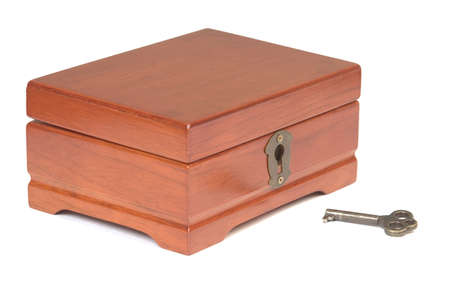 Wooden locker with key lying around, isolated over whiteの写真素材