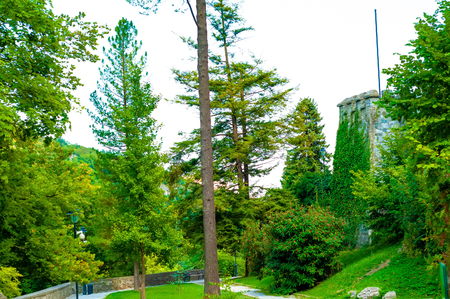 View on a historic castle and a park in Lillafured, Hungary, Europe on a sunny day.のeditorial素材