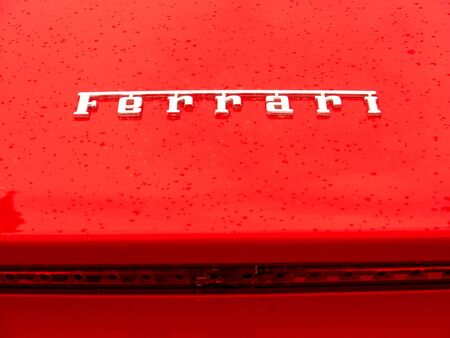 VARPALOTA, HUNGARY - APRIL 13, 2019: View on the Ferrari logo on a cloudy day during the event...