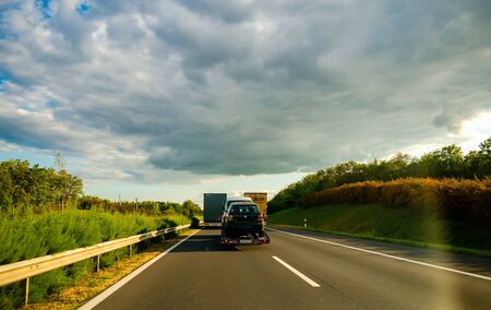 BUDAPEST, HUNGARY - SEPTEMBER 26, 2019: View from a car on the traffic of the M5 highway from...