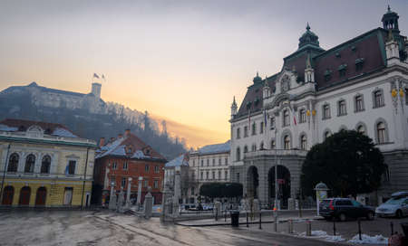 LJUBLJANA, SLOVENIA - FEBRUARY 15, 2022: Academia Philharmonic on Congress square and the University of Ljubljanaのeditorial素材