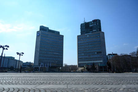 LJUBLJANA, SLOVENIA - FEBRUARY 15, 2022: Republic Square Trg Republike Skyscrapers Ljubljanka Bank and Tr3 square designed by Edvard Ravnikarのeditorial素材