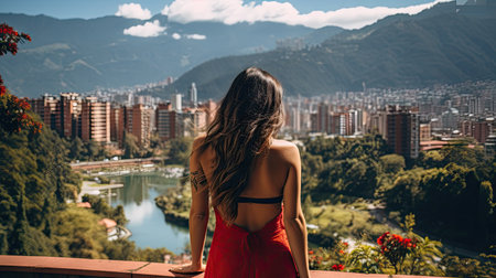 Back view of young woman with long blond hair on her vacation at a beautiful resort at Los Angeles California USA, standing by summer, swimming pool with blue water on a sunny dayの素材