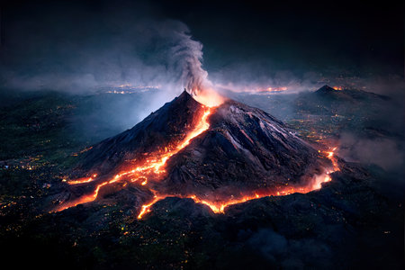 Volcano eruption at night in Bali, Indonesia. View from above.の素材