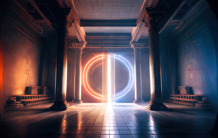 Neon light tunnel. Futuristic interior. 3D rendering.の素材